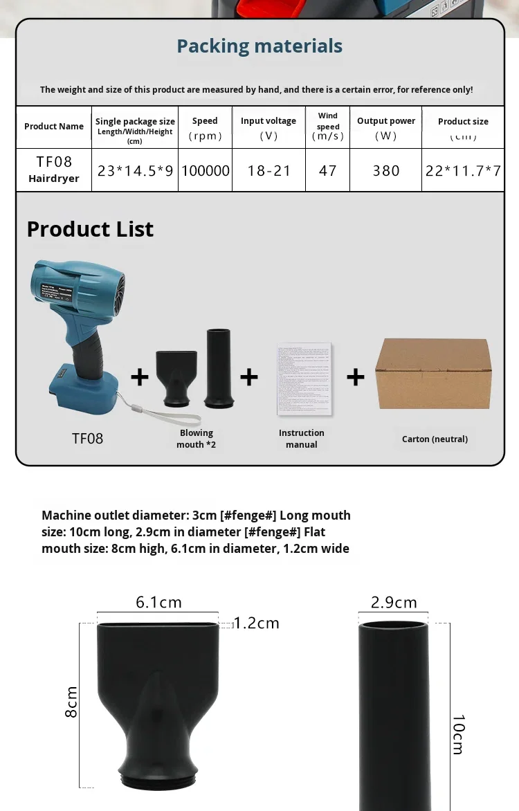 Cordless High Power Blower Jet Fan 100,000RPM for 18-21V Maki-ta Lithium Battery for Car D