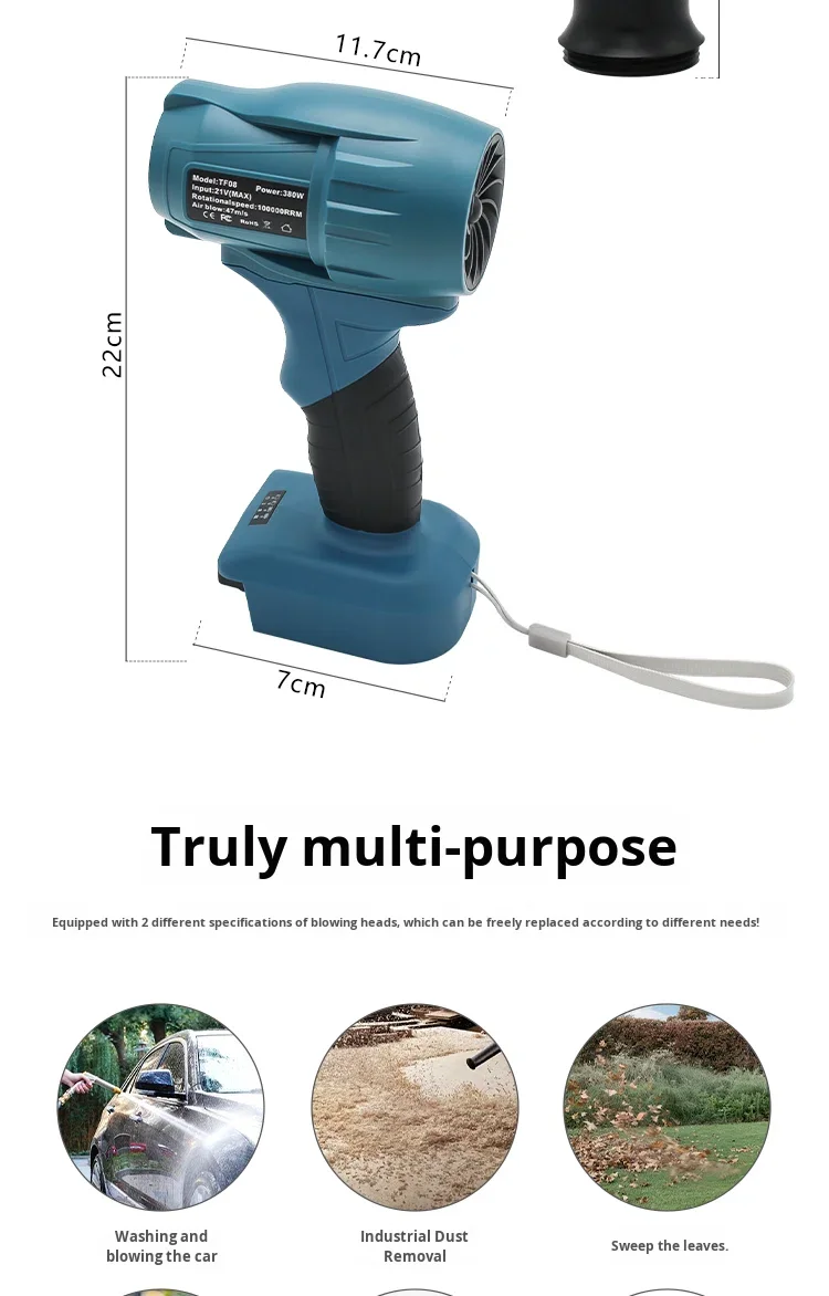 Cordless High Power Blower Jet Fan 100,000RPM for 18-21V Maki-ta Lithium Battery for Car D
