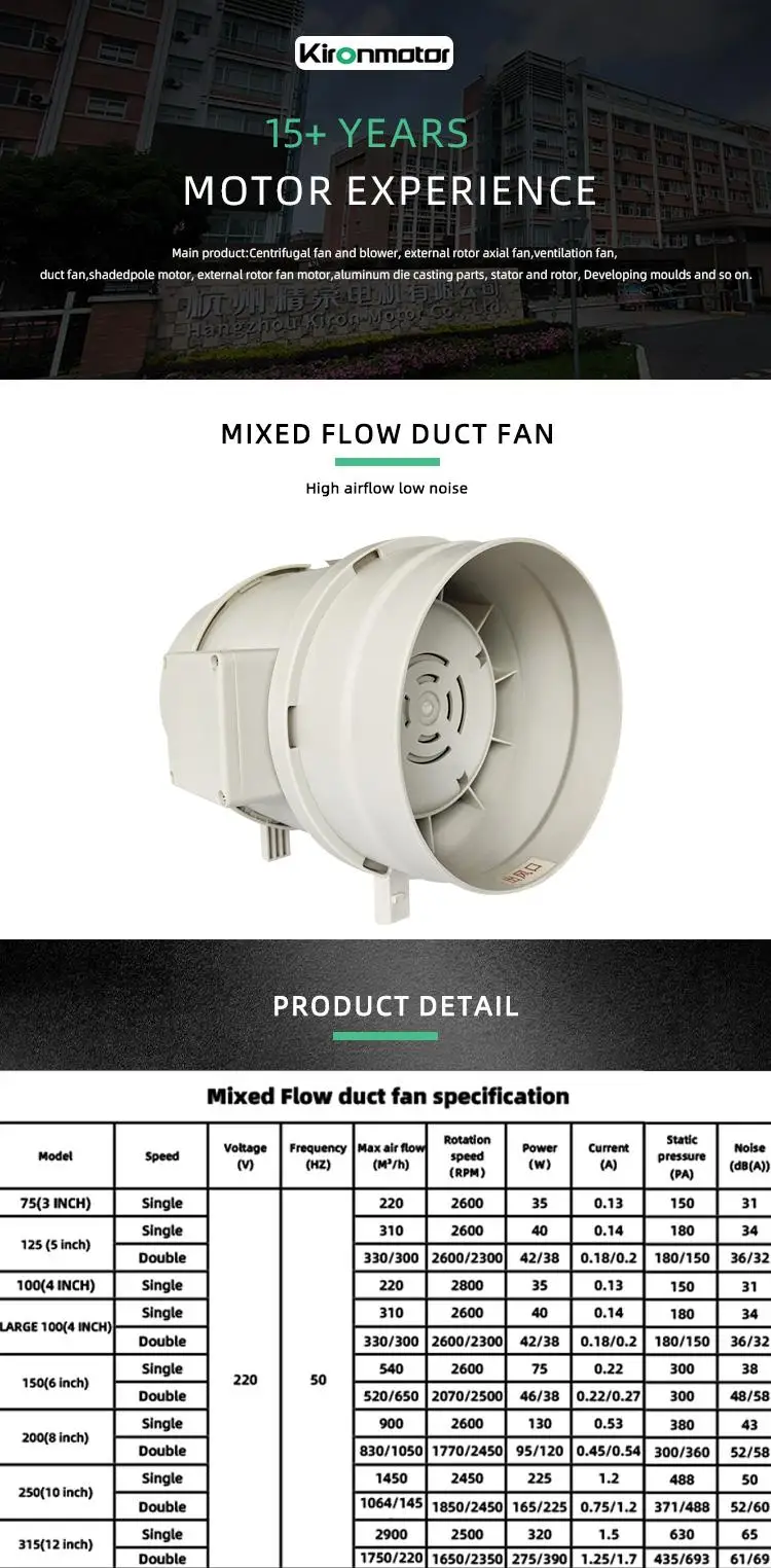 8 Inch Extractor in Line Ventilation Mixed Flow Duct Fan for Kitchen Exhaust air Fan with 