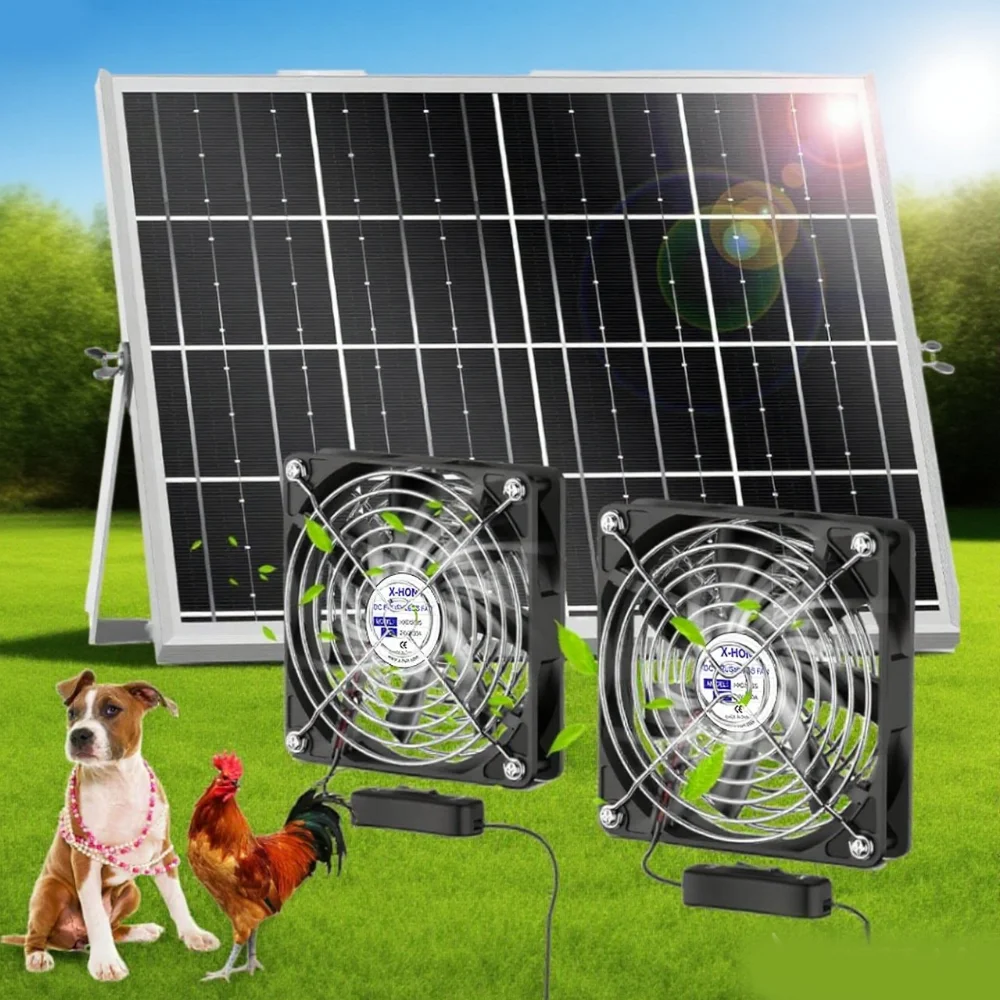 Solar Powered Fan for Shed Chicken Coop, Greenhouse Outside with 120mm Fans On/Off Switch 