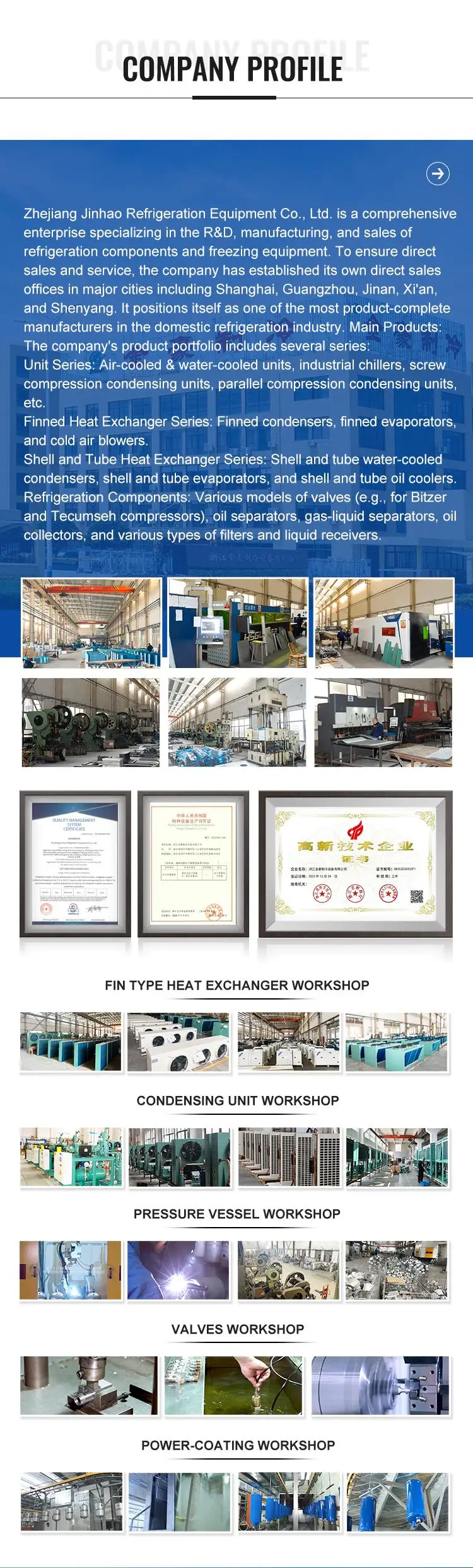 JINHAO Refrigeration Equipment Custom Durable Industrial Dry Cooler for Refrigeration Plan