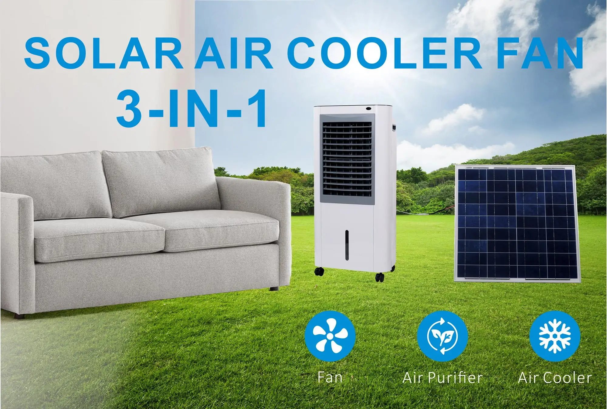 Energy Saving Solar Air Cooler 35W Strong Airflow Desert Solar Air Humidifying Cooler