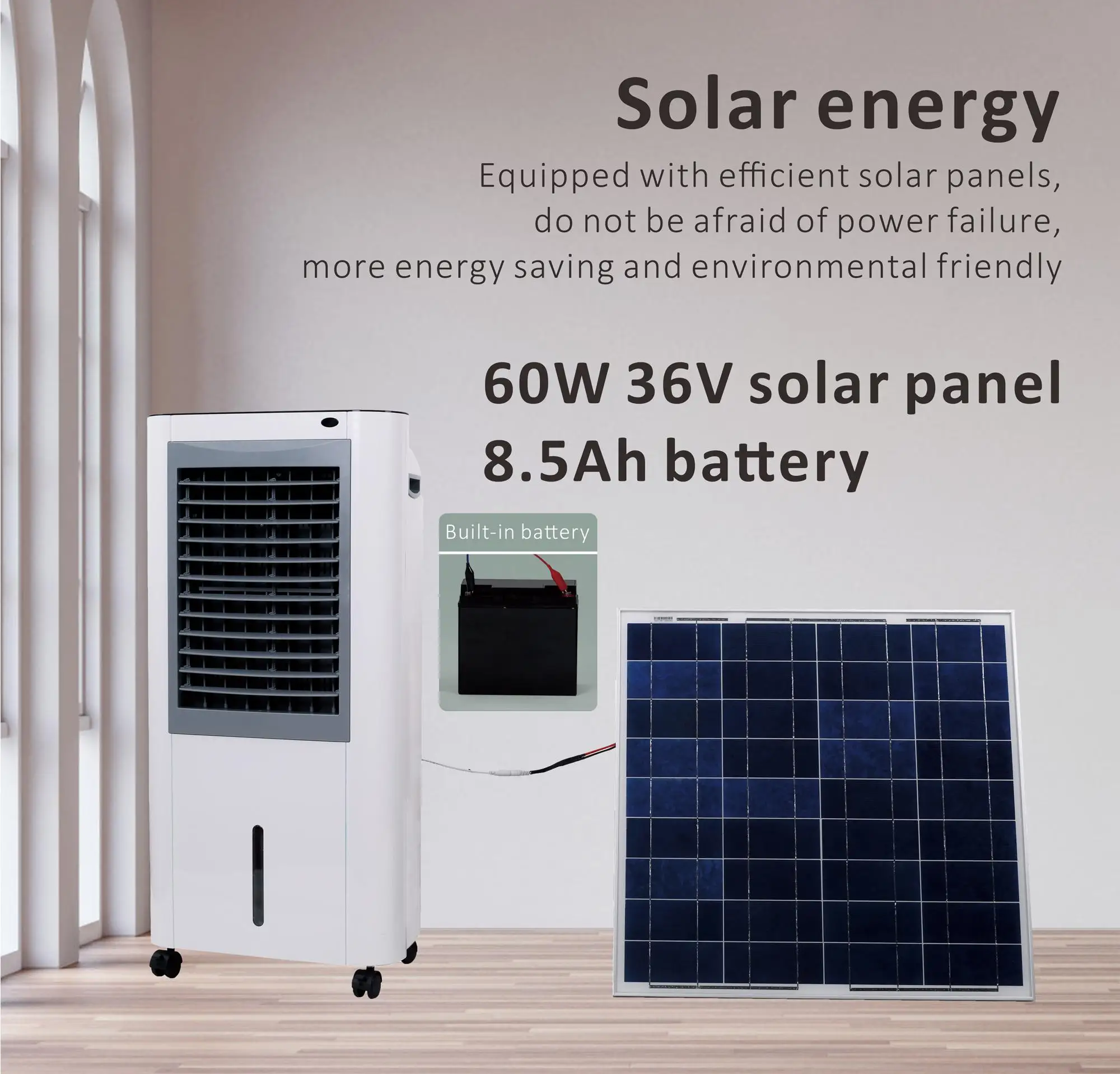 Energy Saving Solar Air Cooler 35W Strong Airflow Desert Solar Air Humidifying Cooler
