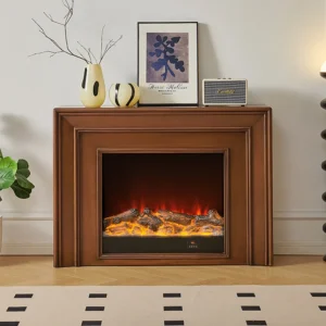 Freestanding Electric Fireplace with Real Logs Mantle and Heater for Household Use Controlled Living Room Unit