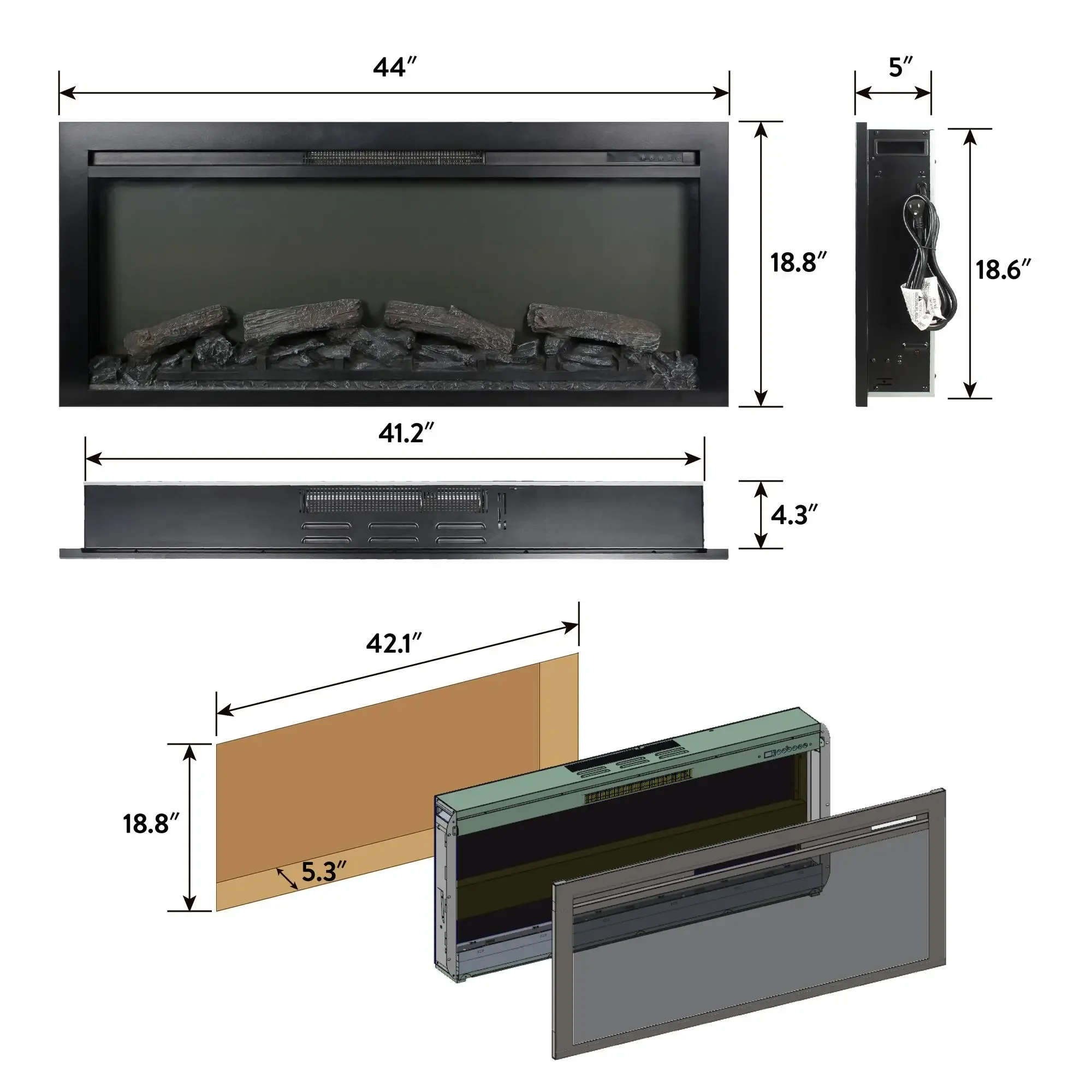 Electric Fireplace 44-Inch Wall Recessed With Remote Imitation Flame Led Light Heater