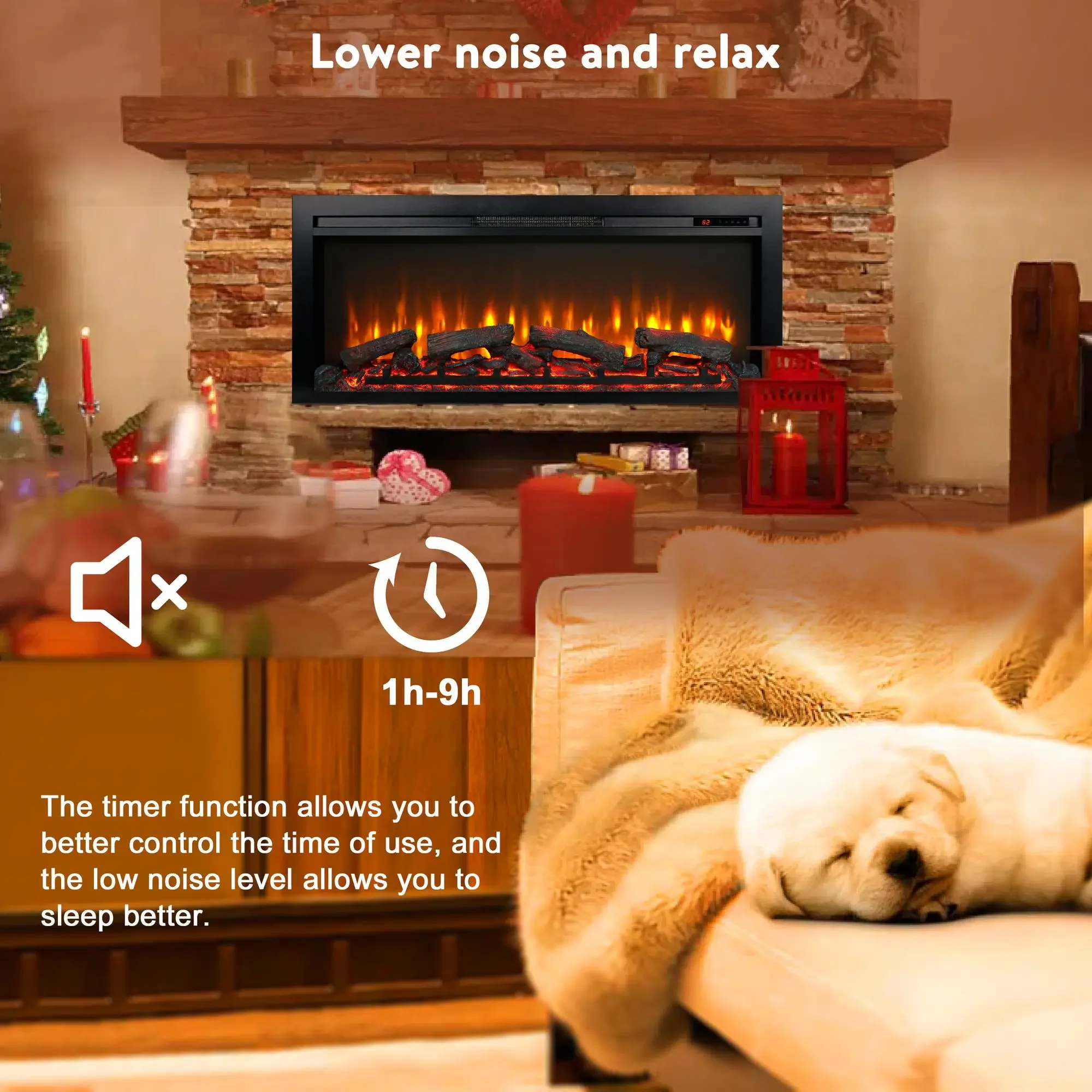 Electric Fireplace 44-Inch Wall Recessed With Remote Imitation Flame Led Light Heater