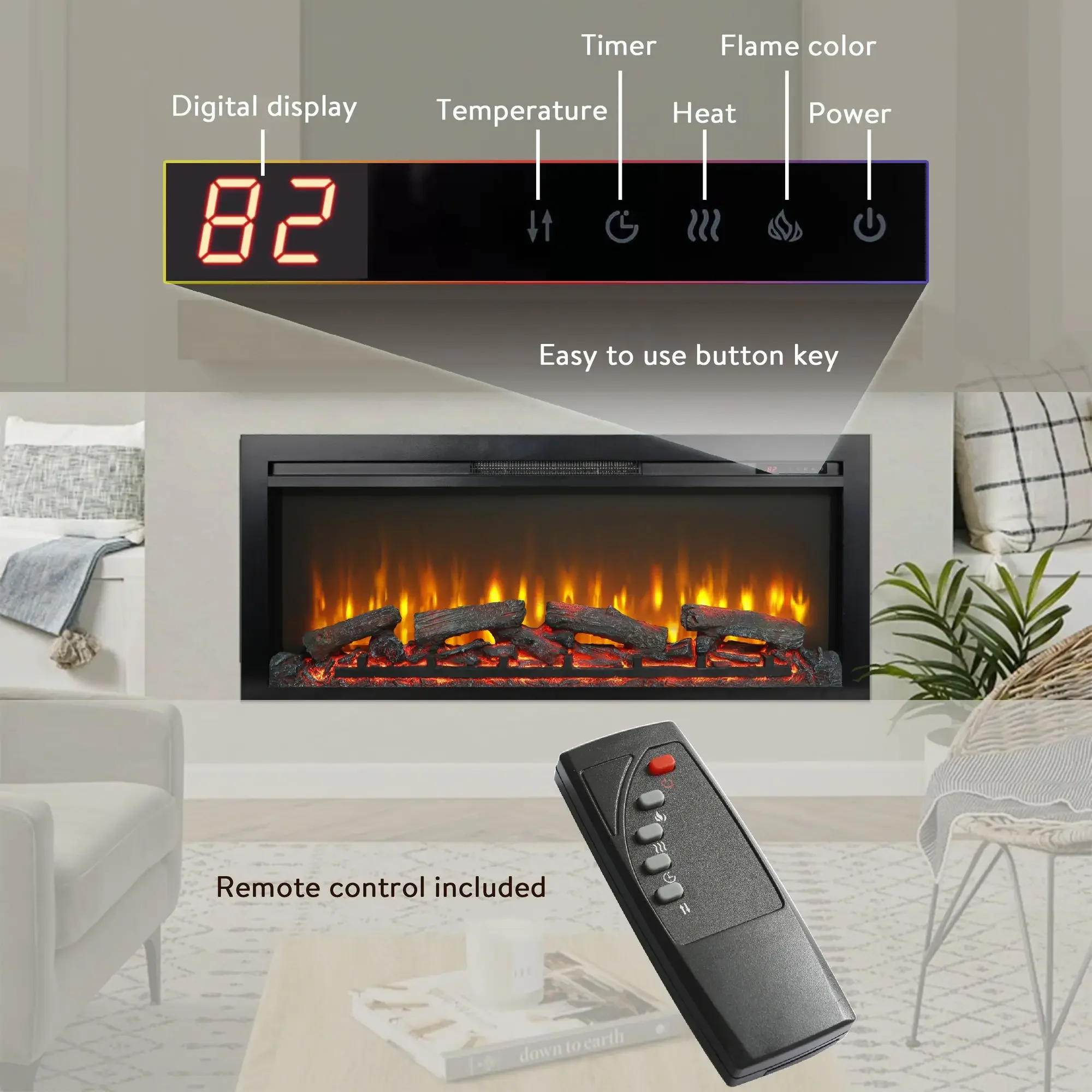 Electric Fireplace 44-Inch Wall Recessed With Remote Imitation Flame Led Light Heater