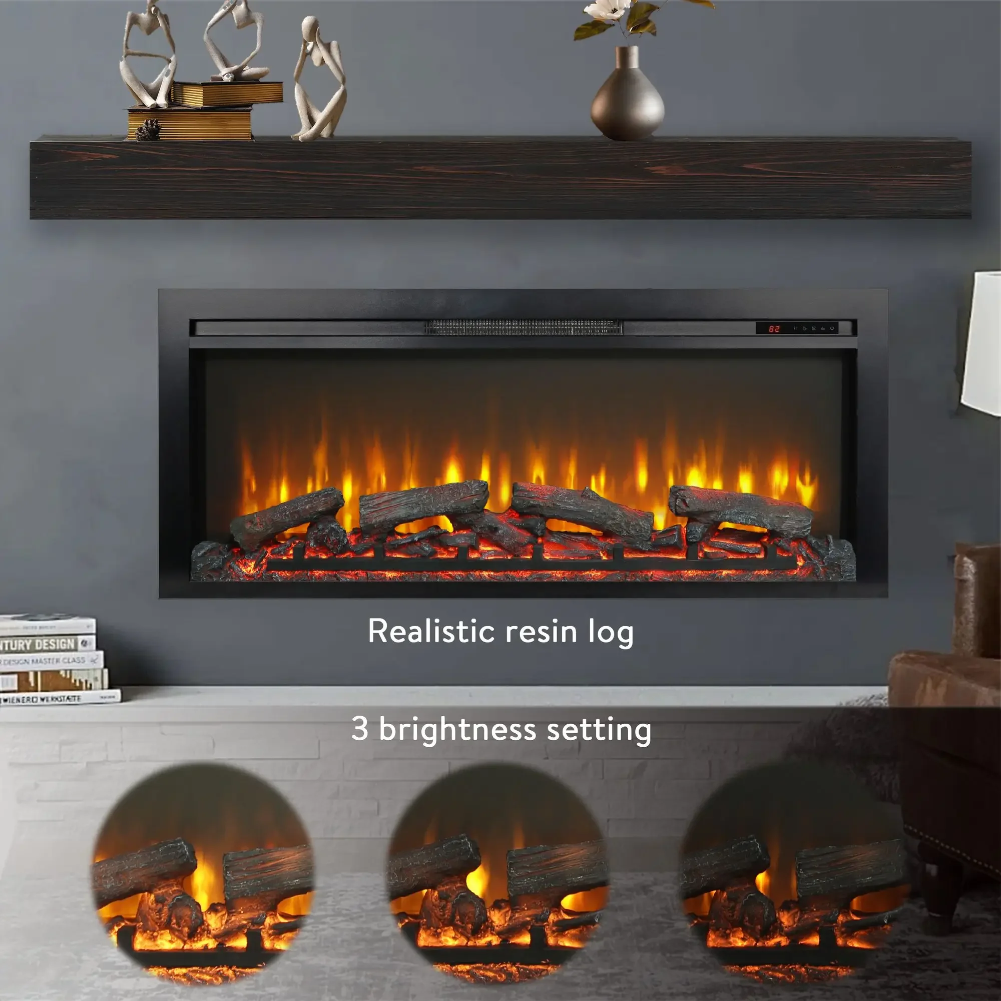 Electric Fireplace 44-Inch Wall Recessed With Remote Imitation Flame Led Light Heater