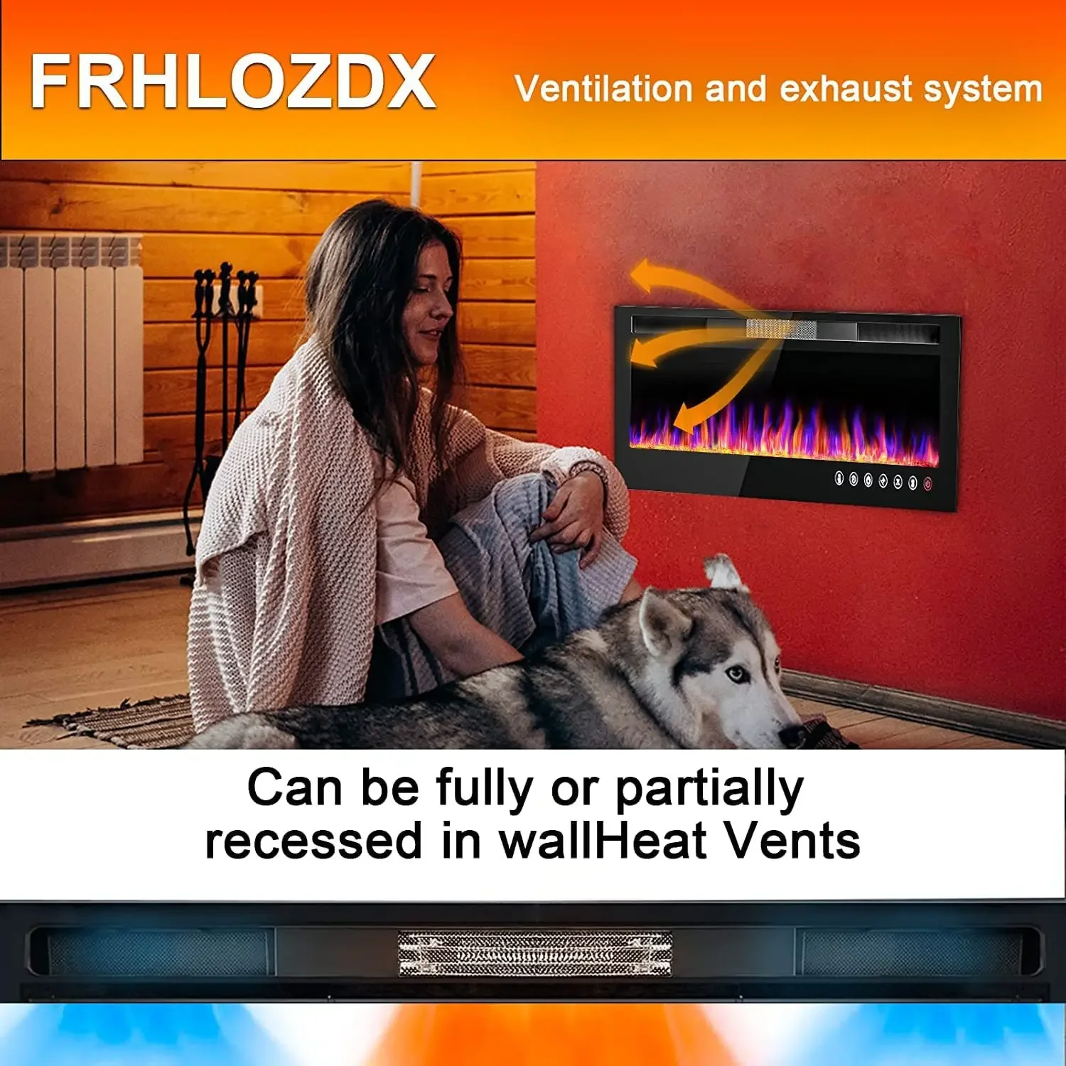 European American 50-Inch Ultra-Thin LED Electric Fireplace Simple Black Wall-Mounted Design for Home Heating English Household