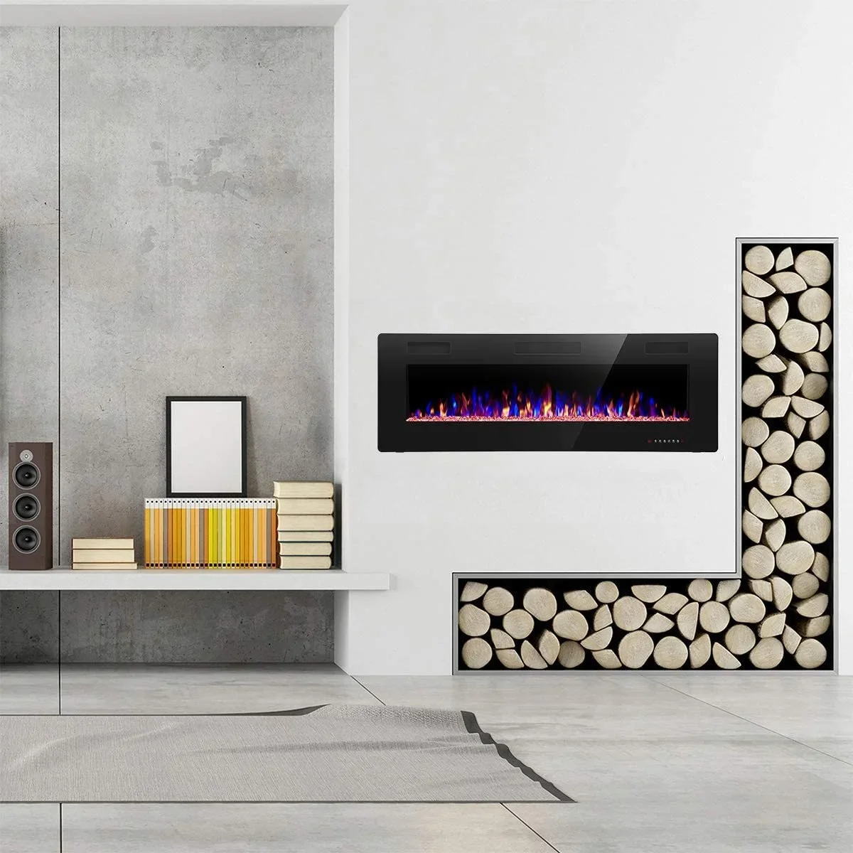 European American 50-Inch Ultra-Thin LED Electric Fireplace Simple Black Wall-Mounted Design for Home Heating English Household