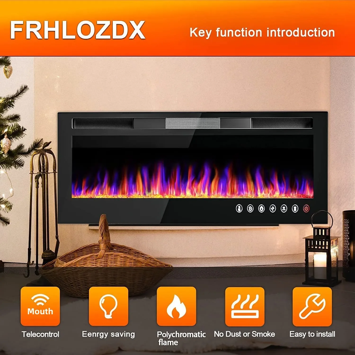 European American 50-Inch Ultra-Thin LED Electric Fireplace Simple Black Wall-Mounted Design for Home Heating English Household