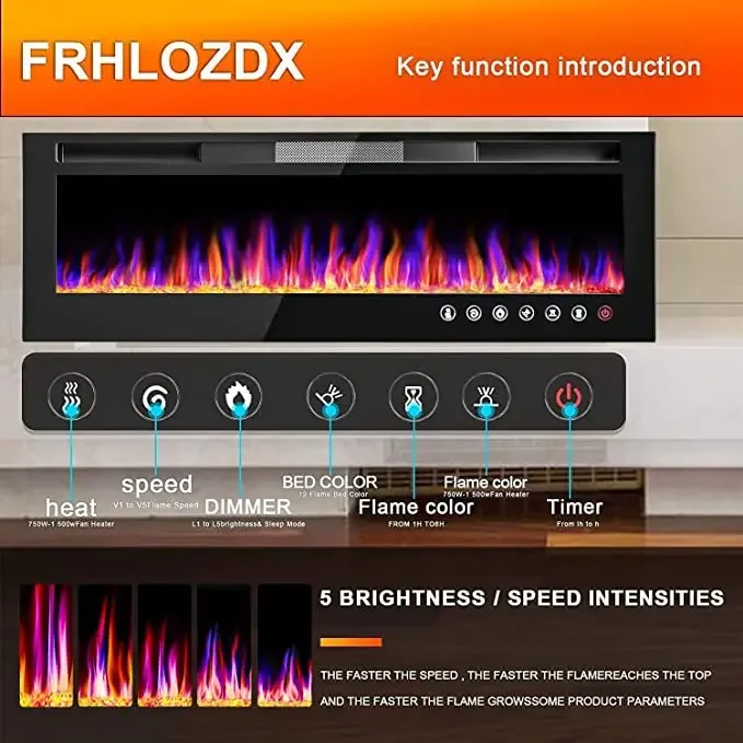 European American 50-Inch Ultra-Thin LED Electric Fireplace Simple Black Wall-Mounted Design for Home Heating English Household