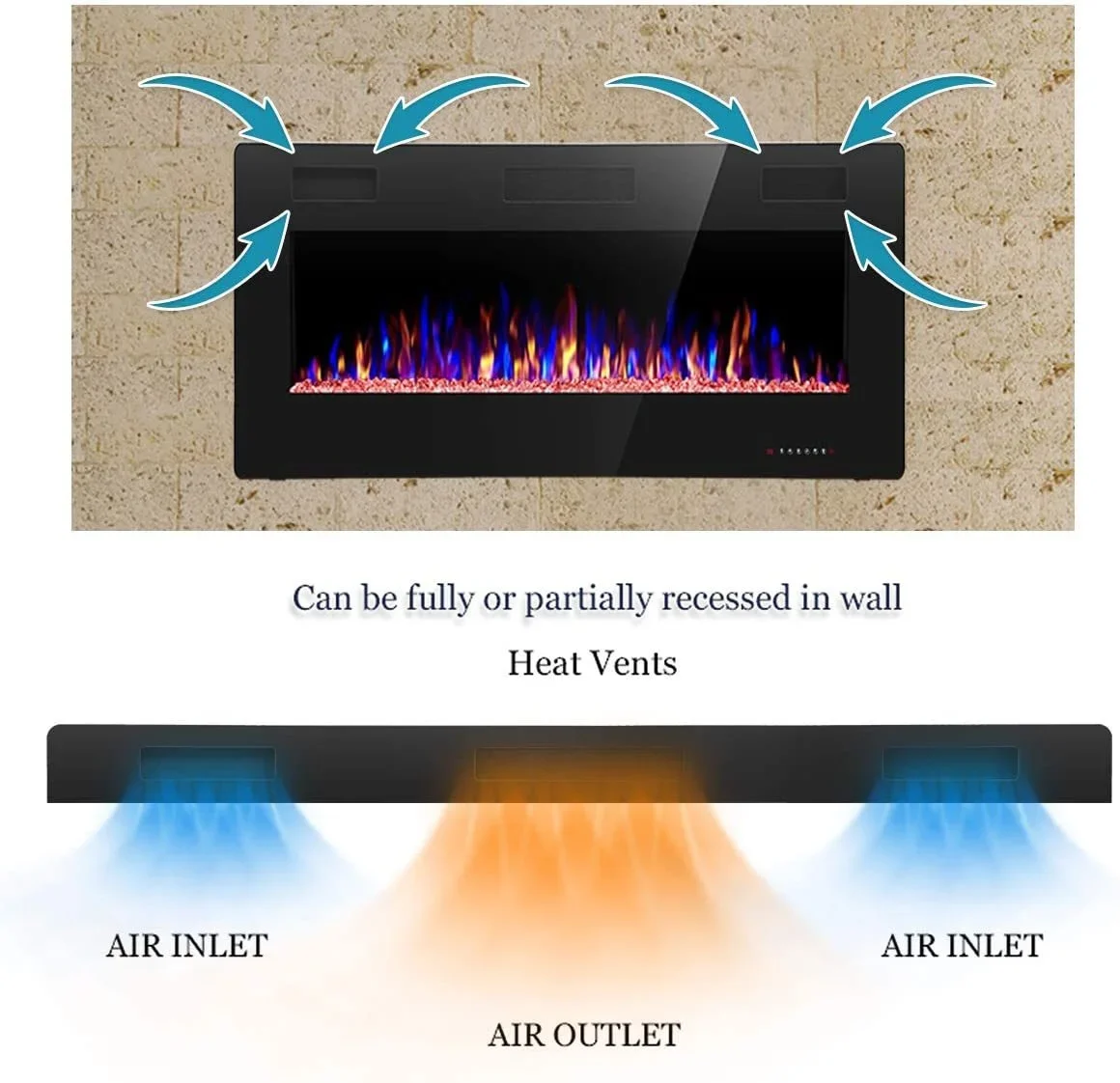 European American 50-Inch Ultra-Thin LED Electric Fireplace Simple Black Wall-Mounted Design for Home Heating English Household