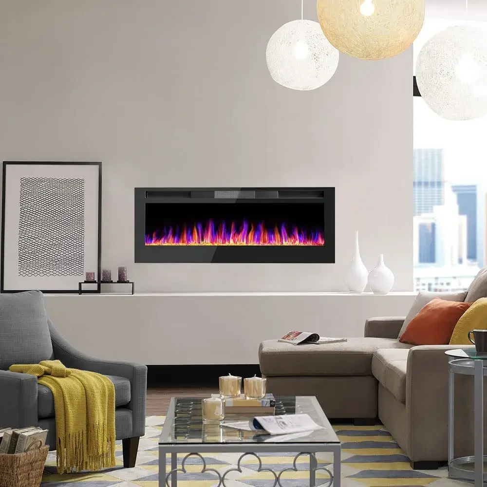 European American 50-Inch Ultra-Thin LED Electric Fireplace Simple Black Wall-Mounted Design for Home Heating English Household