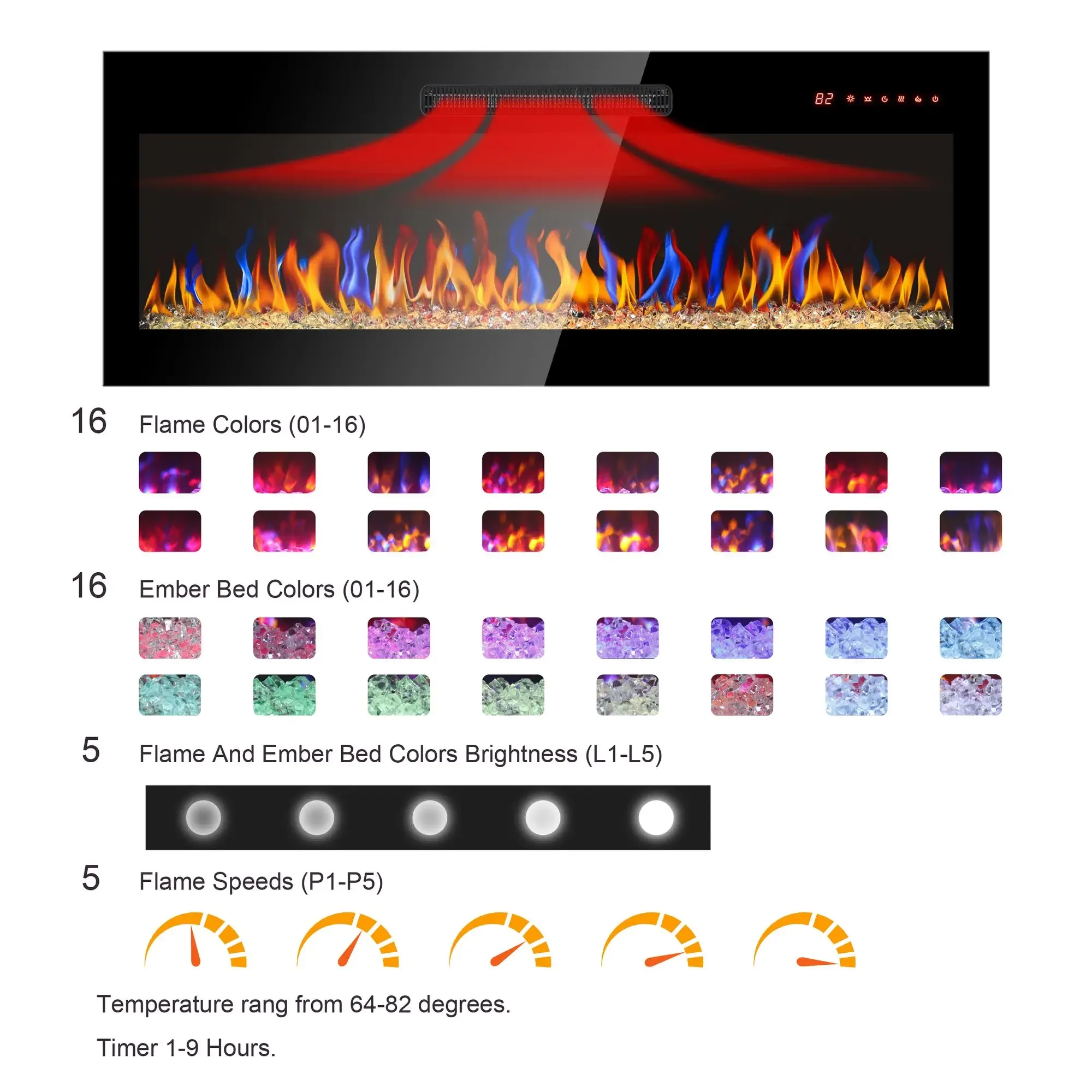 60-Inch Ultra-Thin Metal Electric Fireplace Recessed Wall Mounted with Remote Multi-Color Flame Heater