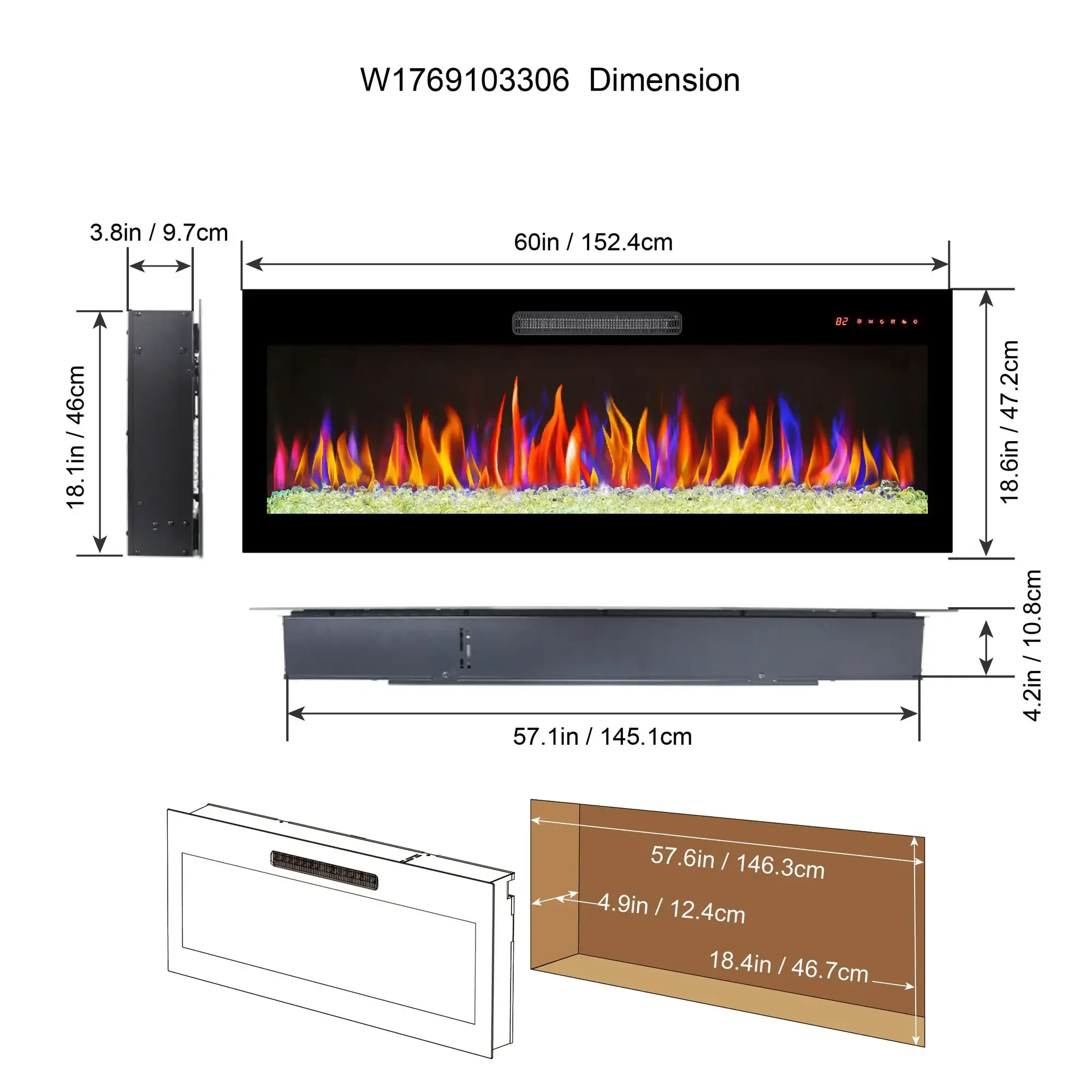 60-Inch Ultra-Thin Metal Electric Fireplace Recessed Wall Mounted with Remote Multi-Color Flame Heater