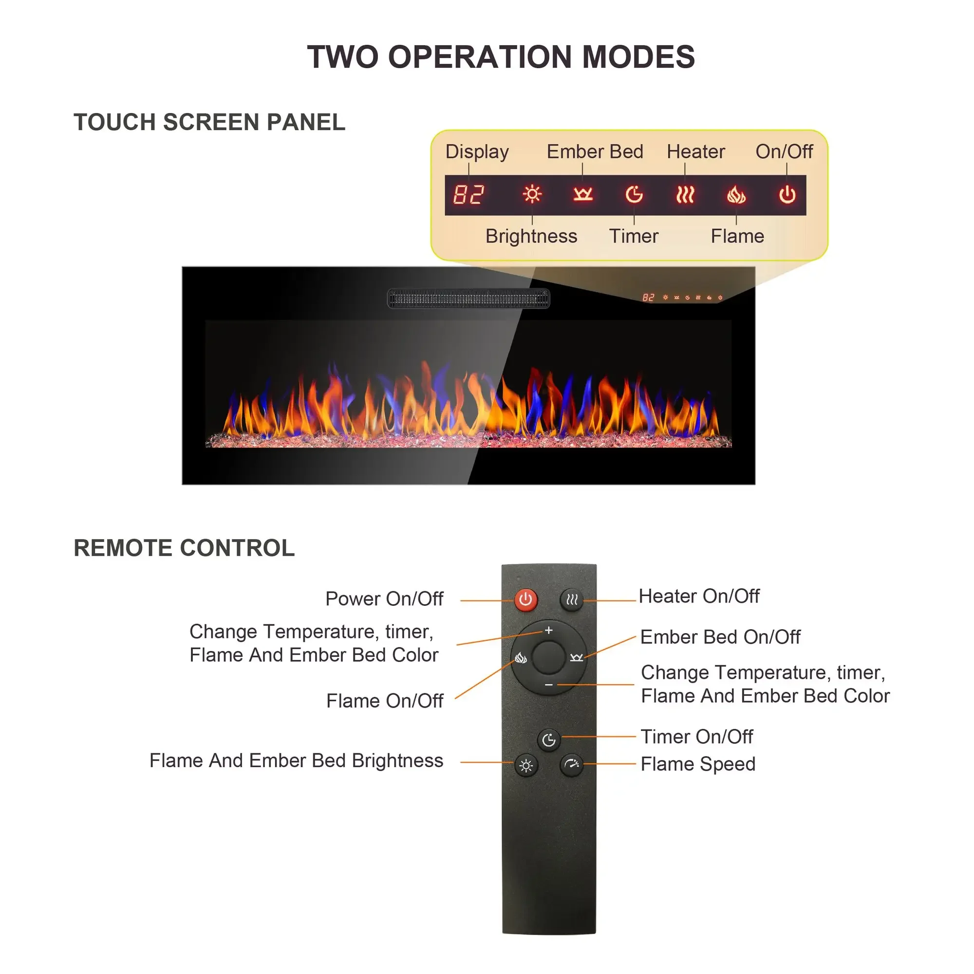 60-Inch Ultra-Thin Metal Electric Fireplace Recessed Wall Mounted with Remote Multi-Color Flame Heater