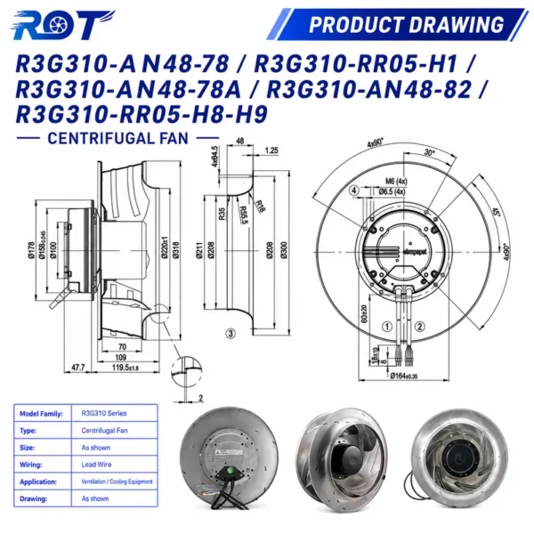 Air Handling Unit, R3G310-AN48-82, Centrifugal, 230V, 310mm - view 2
