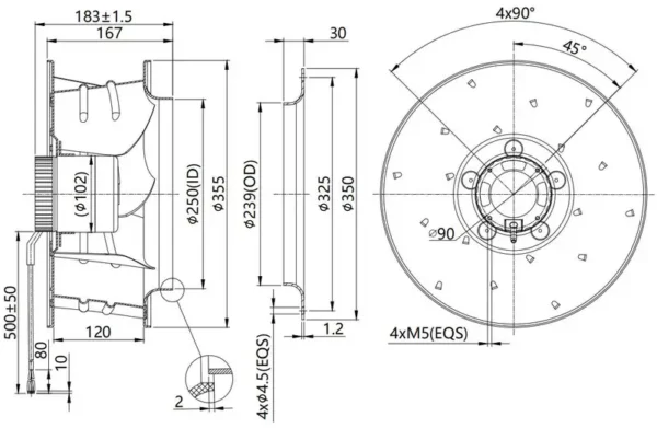 Aluminum Backward Curved Impeller, 355m, 48V, 2000CFM - view 3