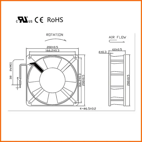 Aluminum Frame Fan, 200mm, CFM, 200x200x60mm, 110V - view 5