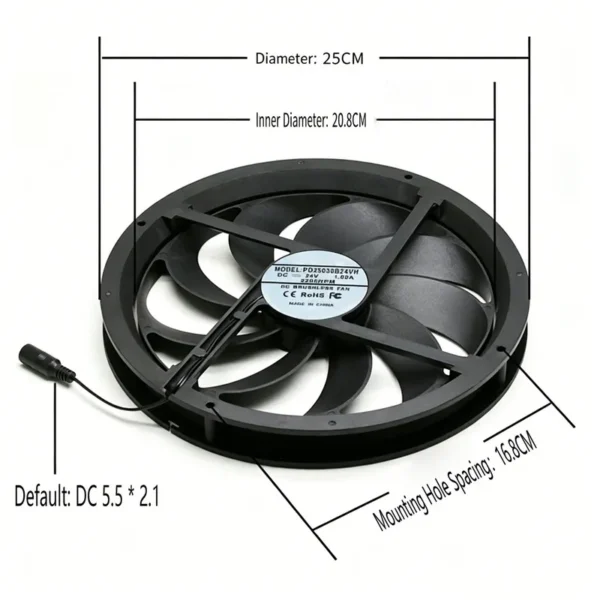 Axial Brushless Fan, PD25030B24VH, DC24V, 250x250x30mm - view 3