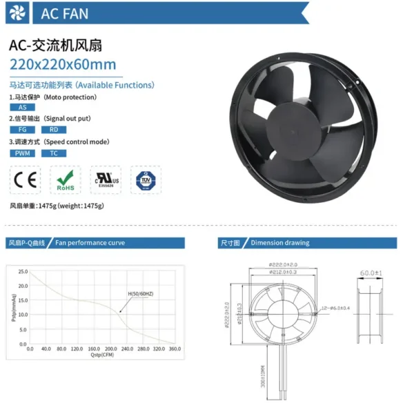 Axial Cooling Fan, 110V/220V, 50/60Hz, 220x220x60mm, Plastic - view 5