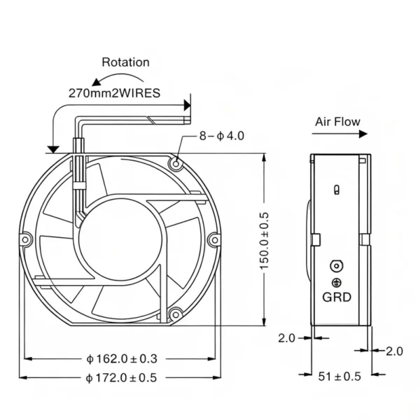 Axial Cooling Fan, 220V, 172x150x51mm - view 4