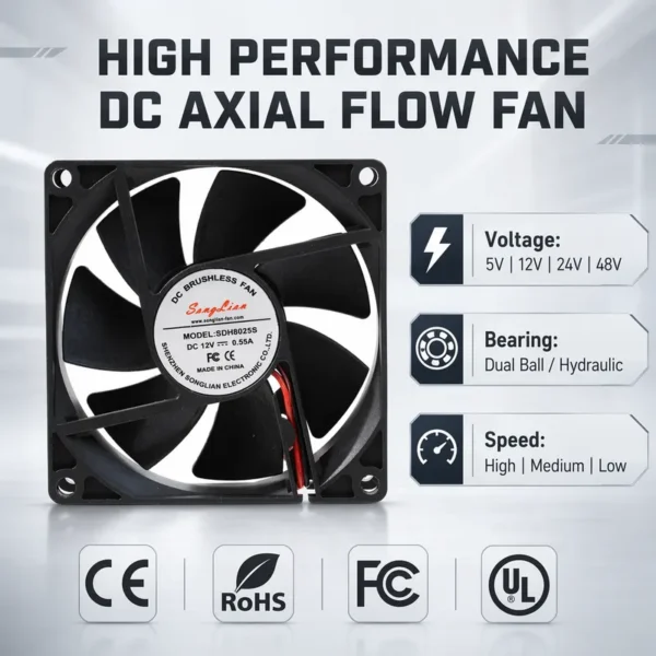 Axial Cooling Fan, 80x80x25mm, 8025, 12V, 24V