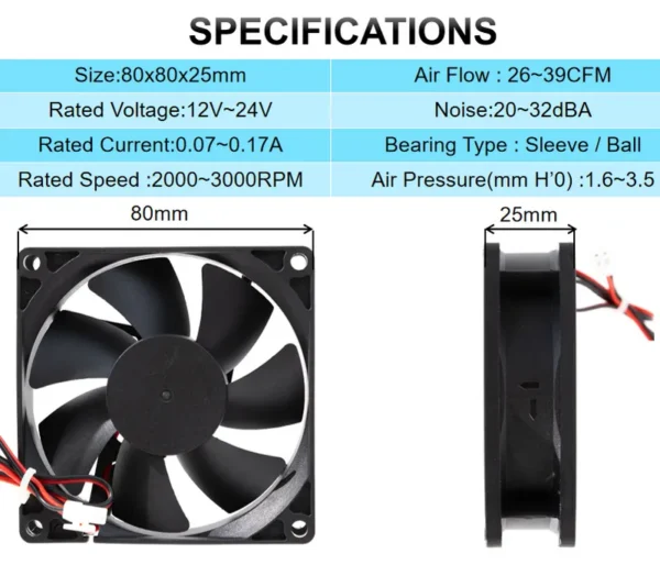 Axial Cooling Fan, 80x80x25mm, 8025, 12V, 24V - view 2