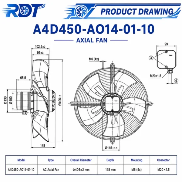 Axial Cooling Fan, A4D450-AO14-01, 400V, 340W, 450mm - view 3