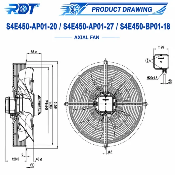 Axial Fan, 230V, 245/355W, 1400/1600RPM, 450mm - view 3