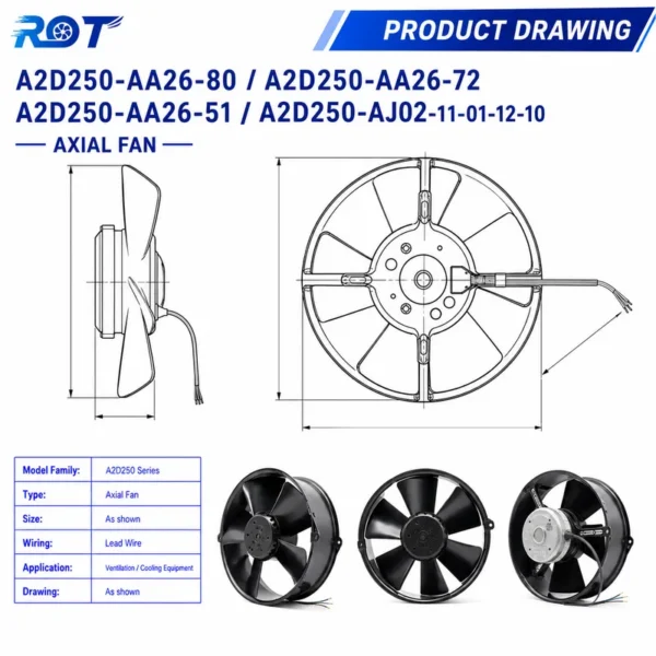 Axial Fan, A2D250-AA26-80, 400V, 140W, 2520RPM - view 3