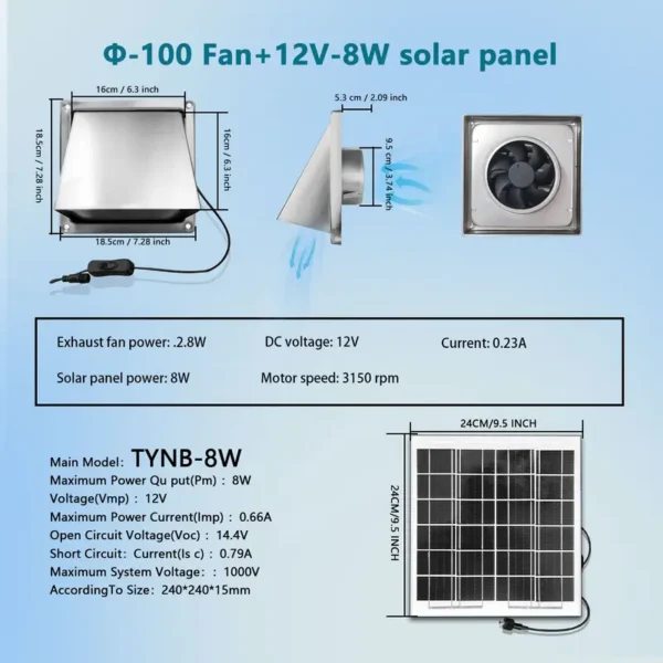 Axial Flow Exhaust Fan, 8W, Solar, Stainless, Steel - view 4