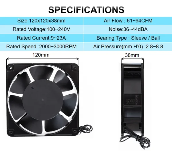 Axial Flow Fan, 120x120x38mm, 110V, 220V, 240V - view 3