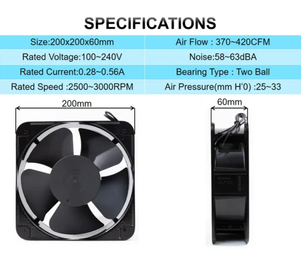 Axial Flow Fan, 20060, 200x200x60mm, 110V, 220V - view 3