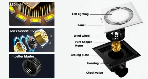 Bathroom Ceiling Exhaust Fan, ABS, Plastic, Axial, LED - view 6