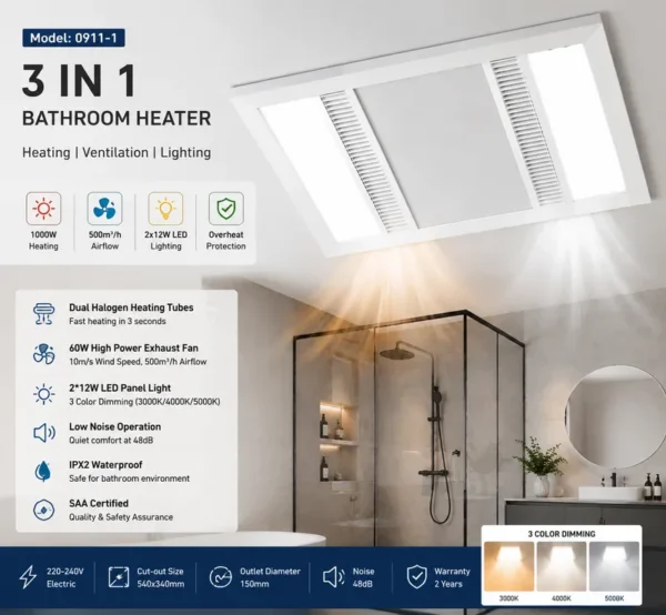 Bathroom Ceiling Heater, 1300W, LED, 500m³/h