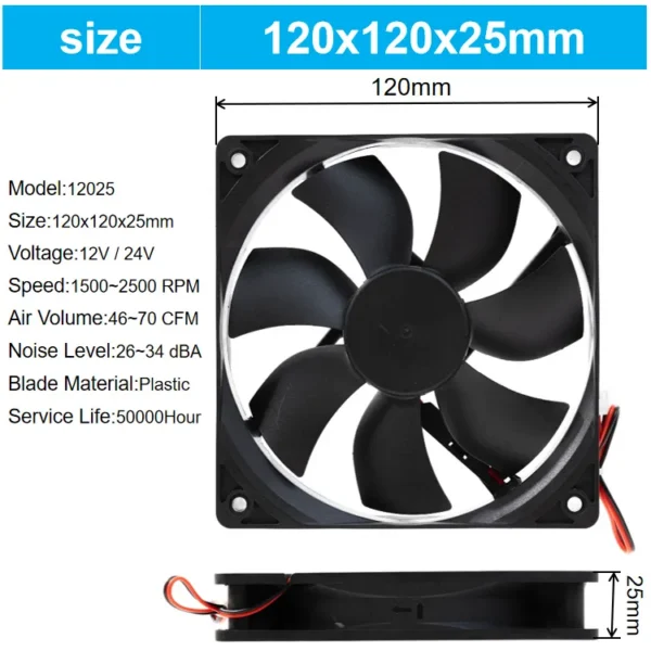Brushless Axial Cooling Fan, 120x120x25mm, 1225, 12V, 24V - view 2