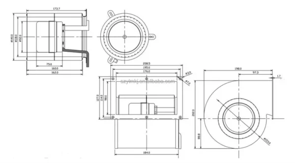 Centrifugal Blower, DC140-160D, CFM, 202x198x208.5mm - view 5