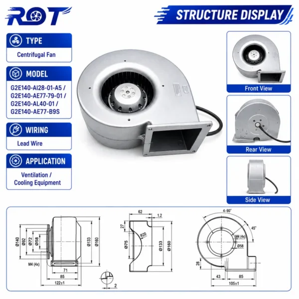 Centrifugal Blower, G2E140-AI28-01-A5, 230V, 140mm, 282CFM - view 3