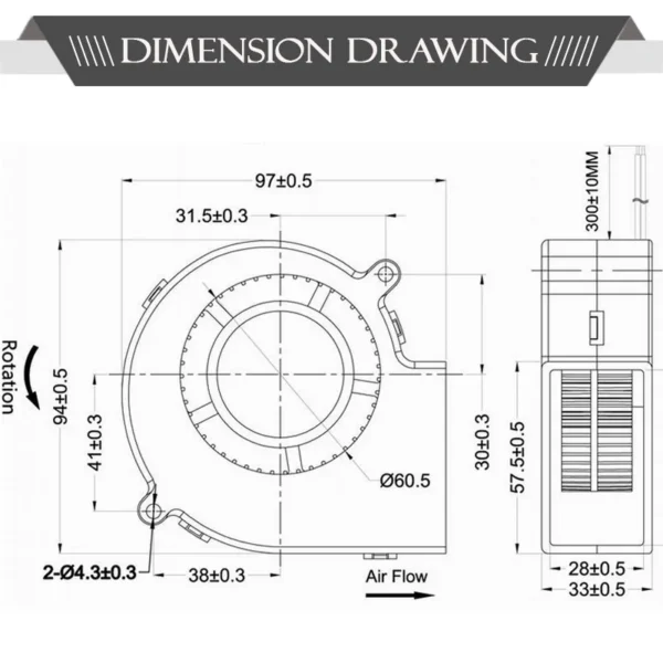 Centrifugal Blower, GDB9733, 12V, 24V, 97x95x33mm - view 2