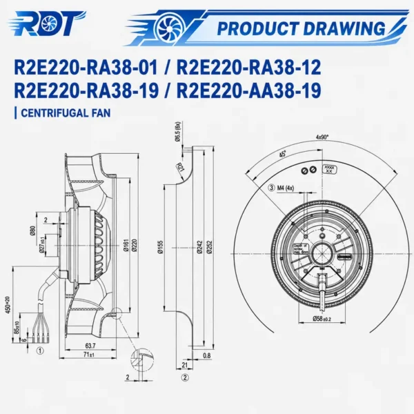 Centrifugal Blower, R2E220-RA38-19, 230VAC, 115W, 2800RPM - view 3