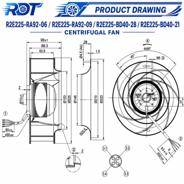 Centrifugal Blower, R2E225-BD40-21, 115VAC, 225mm, 1300CFM - view 3