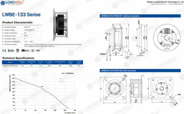 Centrifugal Fan, 133mm, 230V, Plastic, LONGWELL - view 3