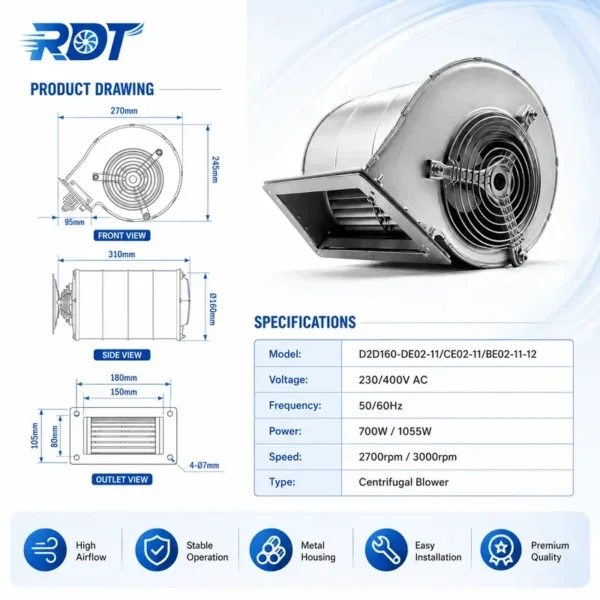 Centrifugal Fan, D2D160-BE02-11/12, 230V, 400V, 700W - view 2