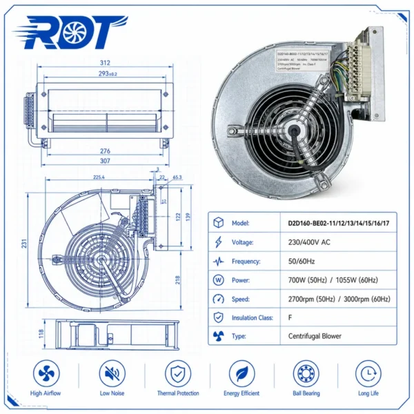 Centrifugal Fan, D2D160-BE02-12, 230V, 700W, 2700RPM - view 3
