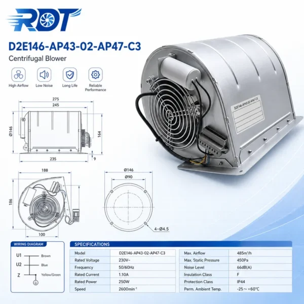 Centrifugal Fan, D2E146-AP43-02, 230 V, Corded Electric - view 3