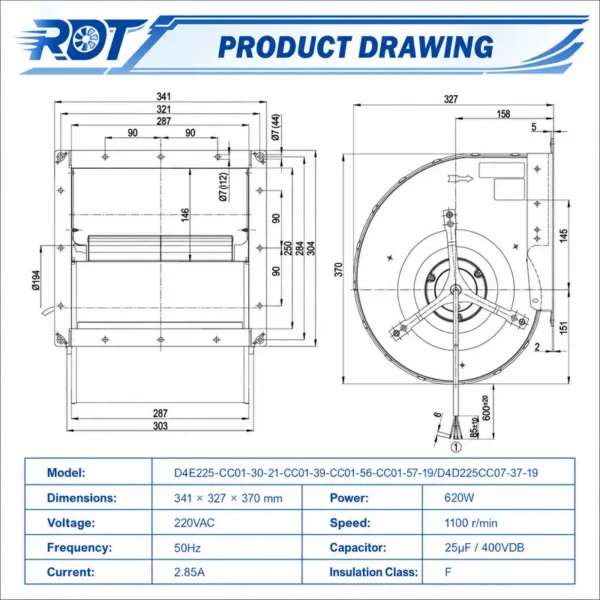 Centrifugal Fan, D4E225-CC01-30/57, 230V, 650W, Inverter - view 4