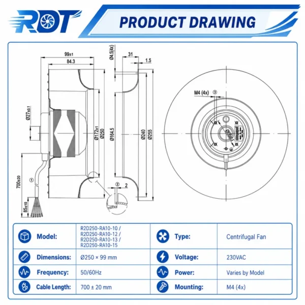 Centrifugal Fan, R2D250-RA10-13, 400VAC, 250mm, Inverter - view 3