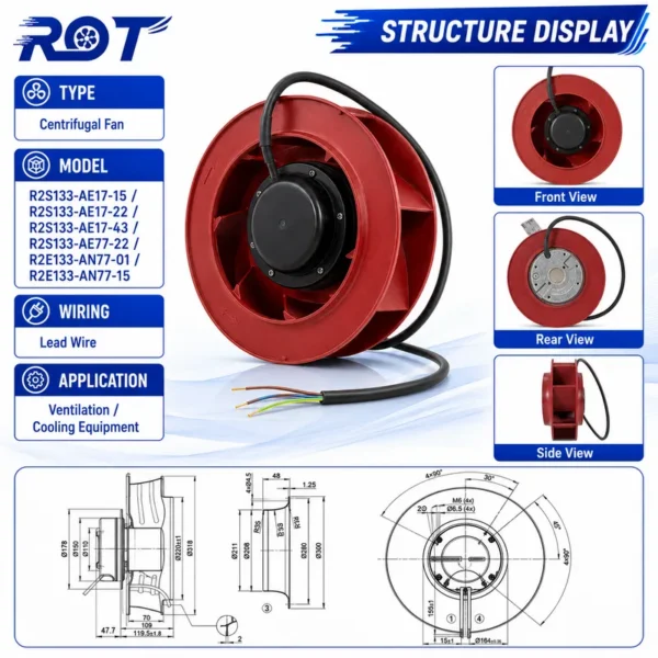 Centrifugal Fan, R2E133-AN77-01-15, 230V, 133mm, 88/110W - view 2